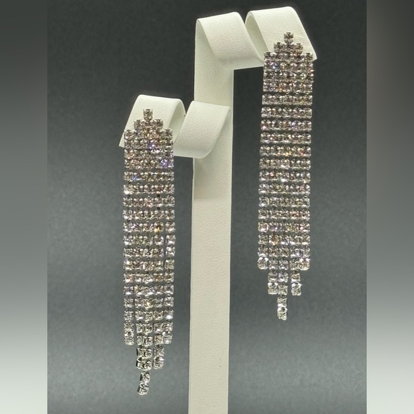 Long Crystal Tassel Post Earrings Made w/ Swarovski Crystals in Sterling Overlay - Picture 5 of 6